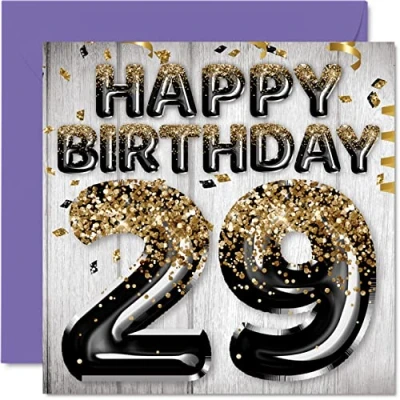 Image de Stuff4 Carte d&#039;anniversaire 29 ans pour homme Ballons noirs et dorés à paillettes cartes de ans, fils, frère, oncle, cousin, 145 mm x mm, vingt neuvième vœux