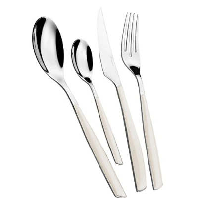 Afbeelding van BUGATTI, Glamour, bestekset van 24 roestvrij staal 18/10 en ivoorkleurig handvat, voor 6 personen, bestaande uit lepels, vorken, messen theelepels