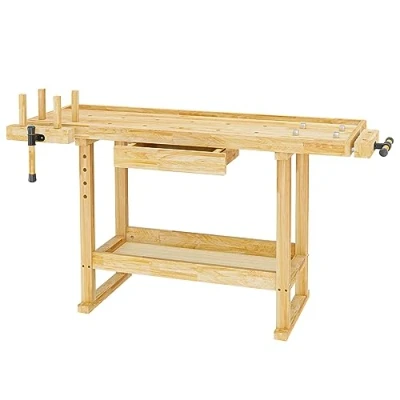 Afbeelding van Wiltec Werkbank in Hevea/Rubberwood 45 x 49 86 cm met lade, opbergruimte, tang en werkbankhaak voor leggen, naaien, schaafbank