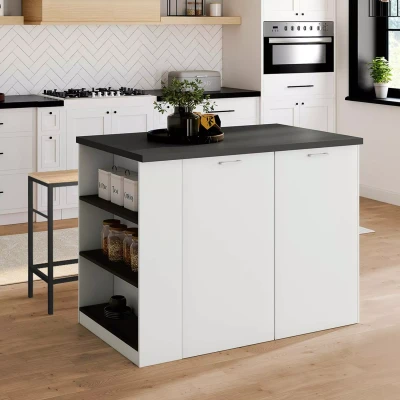 Image de Ilot central TIBO 120 cm bois blanc avec plan de travail gris anthracite
