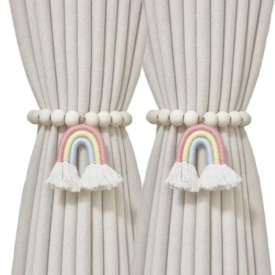 Afbeelding van Set van 2 gordijnhouders met houten kralen, zonder boren, raambekleding voor slaapkamer, kinderkamer, boerderij, boho decoratie