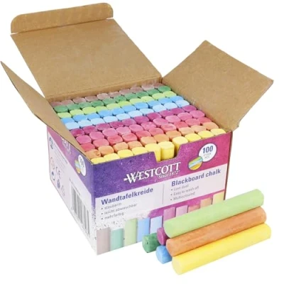Image de Westcott E 744987 00 Lot de 100 craies colorées pour tableau noir avec 1,2 cm couleurs vives Faible poussière et facile à essuyer Bâtons craie 8,5 long