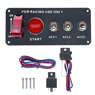 Afbeelding van Geloo Contactschakelaar voor raceauto, 12 V, 5 in 1 met startknop, een led tuimelschakelaar en koolstofvezel hendelschakelaar