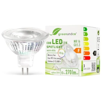 Afbeelding van greenandco® CRI 90+ LED Spot MR16 GU5.3 3W vervangt 30W 270lm 2700K warmwit COB 38 12V AC/DC niet dimbaar