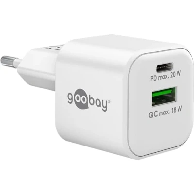 Afbeelding van goobay 65865 USB C Dual Nano PD snellader (20 W) / QC A (18 oplader voor Samsung, iPhone, iPad, MacBook, oplaadadapter netstekker/blok