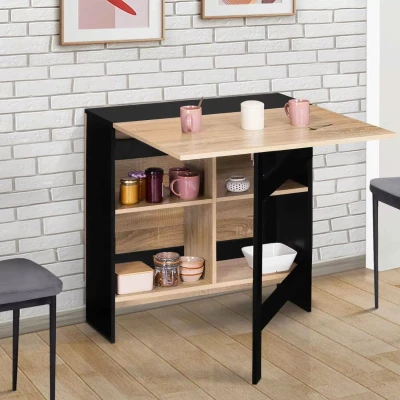 Image de Table console pliable EDI 2 6 personnes avec rangements bois noir plateau façon hêtre 150 x 80 cm