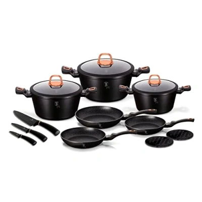 Image de Batterie de Cuisine à Induction 14 Pièces Aluminium Antiadhésif sans PFOA Berlinger Haus Black Rose Noir