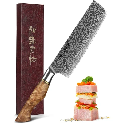 Afbeelding van Professioneel 7&quot; Nakiri Hakmes / Vleesmes VG10 Damascus staal (67 lagen) HEZHEN B30 Series Handvat van Plataanhout met Klinknagel Mozaïek