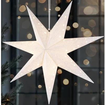 Afbeelding van BRUBAKER 3D Kerstster om op te Hangen LED Papieren Ster met Timer 60 cm Adventster Modern Patroon Werkt Batterijen en Verlicht Kerstdecoratie Lichtster voor Venster Wit