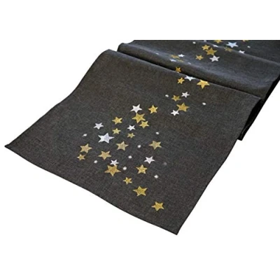Afbeelding van Tafelloper, motief Kerstmis, modern, grijs met borduursel