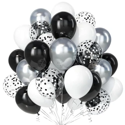 Afbeelding van Teselife 30 stuks zwart witte ballonnen van cm wit en zilver confetti met lint voor verjaardag, bruiloft, verloving, babyshower, afstudeerfeest, feestdecoraties