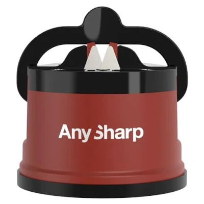 Afbeelding van AnySharp Messenslijper, handenvrij, PowerGrip zuignap, slijpt veilig alle keukenmessen, ideaal voor gehard en gekarteld staal, baksteenrood