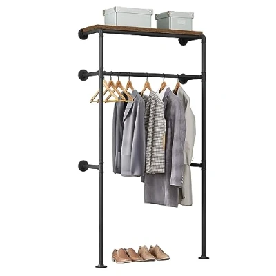 Afbeelding van WOLTU Wandkledingrek, industriële kledingkast van stalen buis, kledingstang met plank MDF, voor garderobe en garderobe, zwart + rustiek bruin, SRY41shei