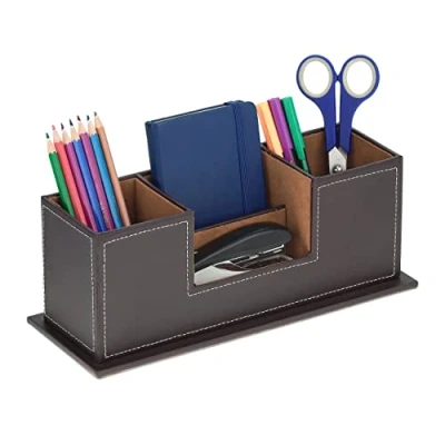Afbeelding van Relaxdays bureau organizer kunstleer pennenbak met 4 vakjes pennenhouder kantoor bruin