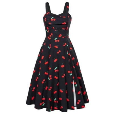 Afbeelding van Belle Poque Mouwloze geplooide midi jurk voor dames, jaren &#039;50 stijl, Zwarte kers