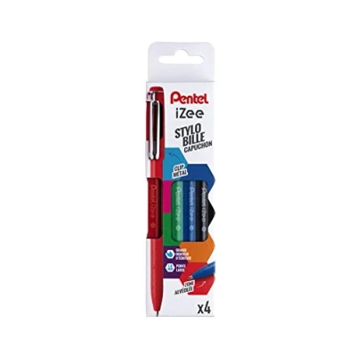 Afbeelding van Pentel iZee BX460 balpen met metalen clip, brede punt 1 mm, zwart/rood/blauw/groen, 4 stuks