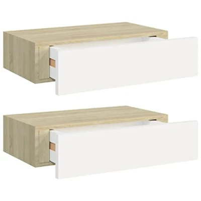 Afbeelding van vidaXL Wandrek met lade, 2 stuks, eiken en wit, 40 x 23,5 10 cm, MDF