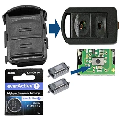 Afbeelding van Reparatieset voor autosleutels, 2 microknoppen, 1 CR2032 batterij, compatibel met Opel Corsa C 00 06 Meriva A 03 10 Tigra B 04 09 Combo 01 11