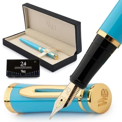 Afbeelding van Wordsworth &amp; Black Vulpen, medium punt, met 6 inktpatronen en inktvulconverter, geschenkdoos, dagboek, kalligrafie, gladde schrijfpennen [hemelsblauw], voor
