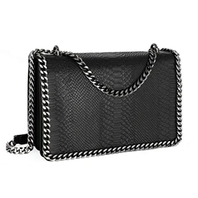 Afbeelding van CRAZYCHIC Schoudertas met ketting van slangenleer gewatteerd effect Dameshandtas hard PU leer schouderband Python flap randen en kettingen modieuze chique tas, zwart.,