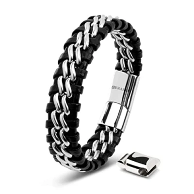 Afbeelding van SERASAR Lederen herenarmband [staal] verschillende lengtes roestvrijstalen magnetische sluiting met juwelendoosje geweldig cadeau voor heren, Geen edelsteen