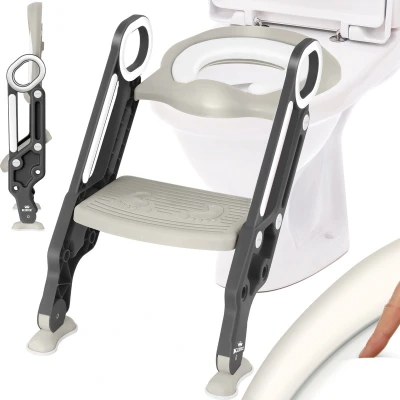 Afbeelding van KIDIZ® Toiletbril voor kinderen Kindertoiletbril Toilettrainer met Trap en Handgrepen Opvouwbare Potjestrainer Leren Potje Comfortabel Kussen Brede Treden Toilettrappen In Hoogte Verstelbaar Grijs