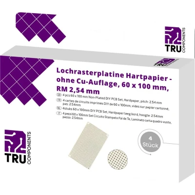 Afbeelding van TRU COMPONENTS Printplaat Zonder Cu laag Hardpapier (l x b) 100 mm 60 35 µm Rastermaat 2.54 Inhoud 4 stuk(s)