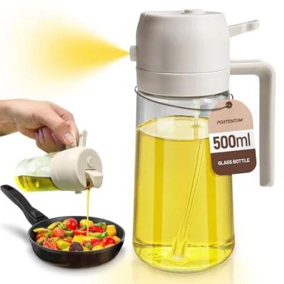 Afbeelding van PORTENTUM Oliespray voor luchtfriteuse 500 ml 2 in 1, flessendispenser en oliesproeier, accessoires airfryer voedselvernevelaar sproeier (wit)