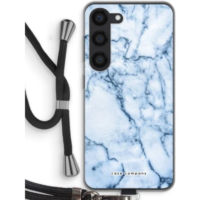 Afbeelding van Case Company® hoesje met Koord geschikt voor Samsung Galaxy S23 Blauw marmer Telefoonhoesje Zwart Bescherming aan alle Kanten en Over de Schermrand