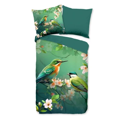 Afbeelding van Dekbedovertrek 135x200 cm Bloemen en Vogels Print Groen 1 Persoons Microfiber Oeko Tex Gecertificeerd