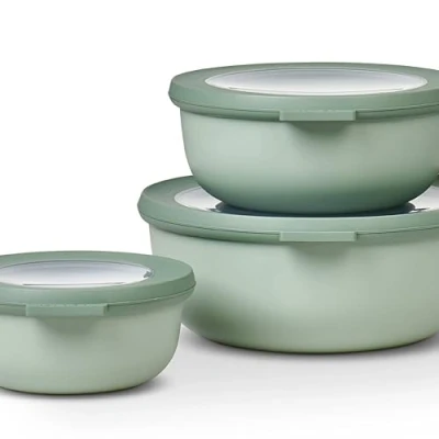 Afbeelding van Mepal, set van 3 multifunctionele ronde Cirqula kommen, bewaardozen voor voedsel met deksel, geschikt koelkast, magnetron en vriezer, 350, 750, 1250 ml, Nordic Sage