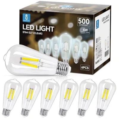 Afbeelding van Aigostar ledlamp E27, koudwit, 6500 K, 500 lm, 4 W, komt overeen met 42 W gloeilamp, retro ST64, niet dimbaar, 6 stuks