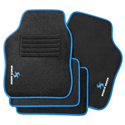 Afbeelding van WOLTU Autovloermatten, universeel, borduurwerk, sport, bescherming, 4 delig, voor en achter, universele automat, antislip, zwart, blauw, AM7142bl