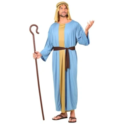 Afbeelding van Widmann Middeleeuwen &amp; Renaissance Kostuum Herder Hoeder Van De Schapenstal Man Blauw, Wit / Beige Medium Kerst Verkleedkleding
