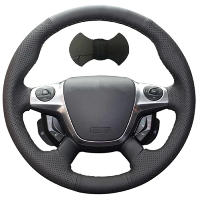 Afbeelding van Shining wheat Zwart lederen auto stuurhoes voor Ford Focus 3 2012 2014 KUGA Escape 2013 2016 C MAX 2011