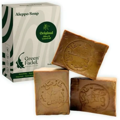 Afbeelding van Green Fadel Aleppo Originele olijfolie en laurierzeep 3 x 200 g met zeepzakje, handgemaakt, veganistisch, pure natuurlijke gezichts lichaamszeep, handzeep, zeep