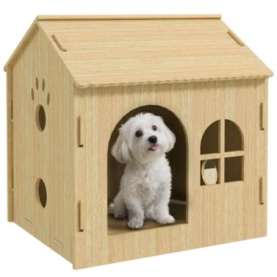 Afbeelding van PawHut Niche pour Chien avec Fenêtre Maison de Chat Design Pattes Mignon Montage sans Vis Petit Moins 4 kg Intérieur 49.5x41x51cm Chêne