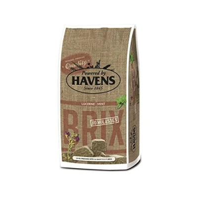 Afbeelding van Havens Brix 14 kg voor paarden lucernebrokken met gedroogd muntblad hoog vezelgehalte bevat aminozuren en eiwit laag suikergehalte
