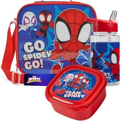 Afbeelding van Get Trend Marvel Spidey Lunchset voor kinderen, 3 delig, koeltas met riem, broodtrommel, drinkfles rietje, 400 ml, BPA vrij, school, picknick (spidey)