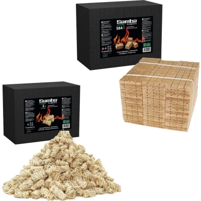 Afbeelding van Samba Combi Verpakking 384 aanmaakblokjes in een Omdoos en 2 kg. Houtwol Aanmaakkrullen