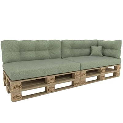 Afbeelding van POKAR Set van 2 kussens voor europallets: 1 x zitting 120 80 cm + rugleuning 40 cm, koudschuim, tuinbank, binnen en buiten, zonder pallet, groen