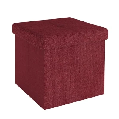 Afbeelding van Intirilife Opvouwbaar krukje 30x30x30 cm in GRANAT RED Zitkubus met opbergruimte en deksel van stof holtes voetensteun opbergdoos kist zitkruk
