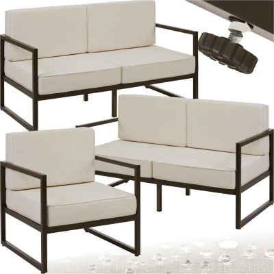 Afbeelding van tectake® tuin loungeset Comosa Voor 5 personen Tuinset 2 loungebanken en fauteuil Waterafstotende ultradikke zit rugkussens Draagkracht 120kg per zitplaats Bruin/beige