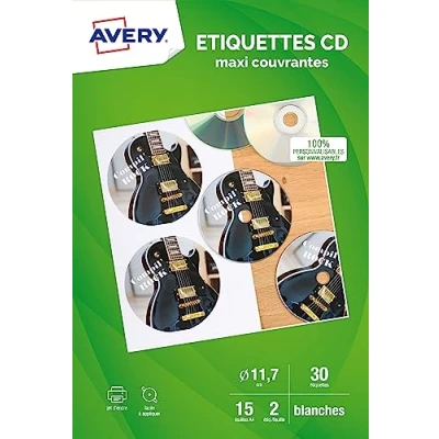 Image de Avery Pochette de 30 Étiquettes Autocollantes pour Identifier Les Cd. Personnalisables et imprimables. Diamètre 117 mm. impression jet d&#039;encre