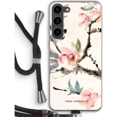 Afbeelding van Case Company® hoesje met Koord geschikt voor Samsung Galaxy S23 Plus Japanse bloemen Telefoonhoesje Zwart Bescherming aan alle Kanten en Over de Schermrand