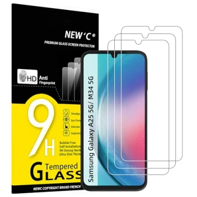 Afbeelding van NEW&#039;C Displaybeschermfolie van gehard glas voor Samsung Galaxy A25 5G, M34 zonder luchtbellen, zeer robuust (0,33 mm HD ultra transparant), hardheid 9H, 3 stuks
