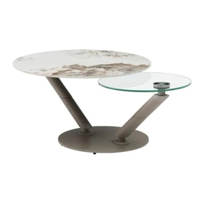 Afbeelding van Vente unique Salontafel met draaiende bladen in keramiek, gehard glas en taupe metaal Witte grijze marmerlook ELDOVA L 130 cm x H 43 D 80