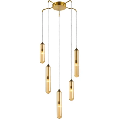 Afbeelding van Lucande hanglamp 5lichts Glas, metaal G9 amber, messing