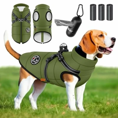 Afbeelding van LOVPET® Hondenjas Hondenvacht Met Harnas Waterafstotend, incl. 45 Stuks Poepzak + Dispenser, Winter Vest Hond Waterdicht Gevoerd, Gewatteerd Borstband, Reflectoren, D Ring Khaki / 5XL