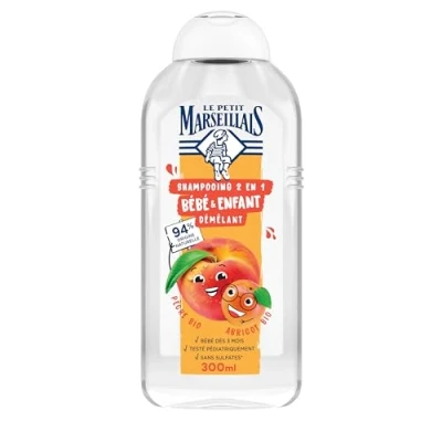 Afbeelding van Le Petit Marseillais 2 in 1 shampoo voor baby&#039;s en kinderen, ontwarrende perzik biologische abrikoos (300 ml) 94% natuurlijke oorsprong prikt niet de ogen, zonder siliconen sulfaten